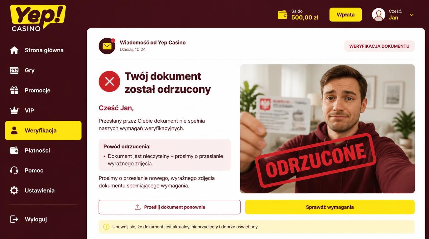 powiadomienie o odrzuconej weryfikacji dokumentu