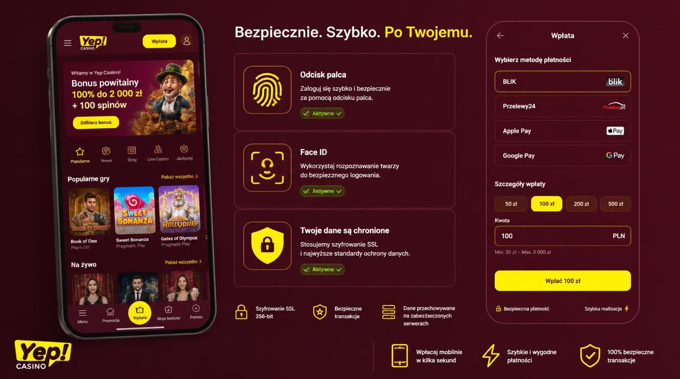 Mobilny ekran wpłaty kasynowej z ikonami odcisku palca i twarzy.