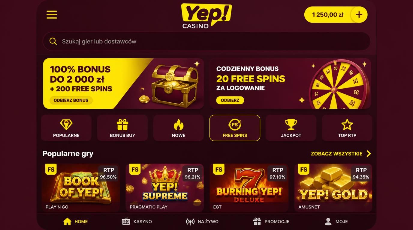 Widok aplikacji Yep Casino z menu i paskiem wyszukiwania z promocjami.