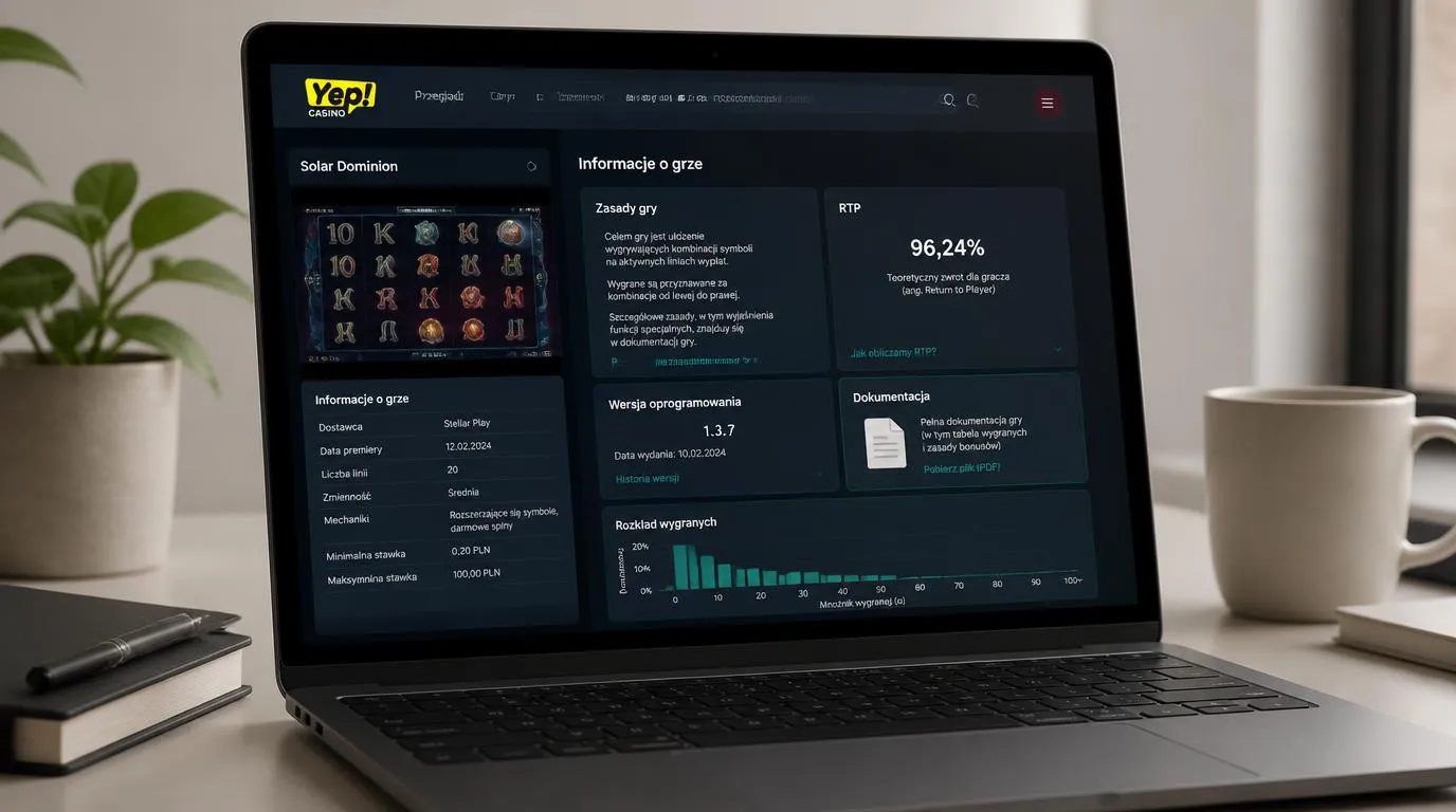 Panel gry kasynowej z zasadami, wskaźnikiem RTP i dokumentacją testów oprogramowania na ekranie laptopa