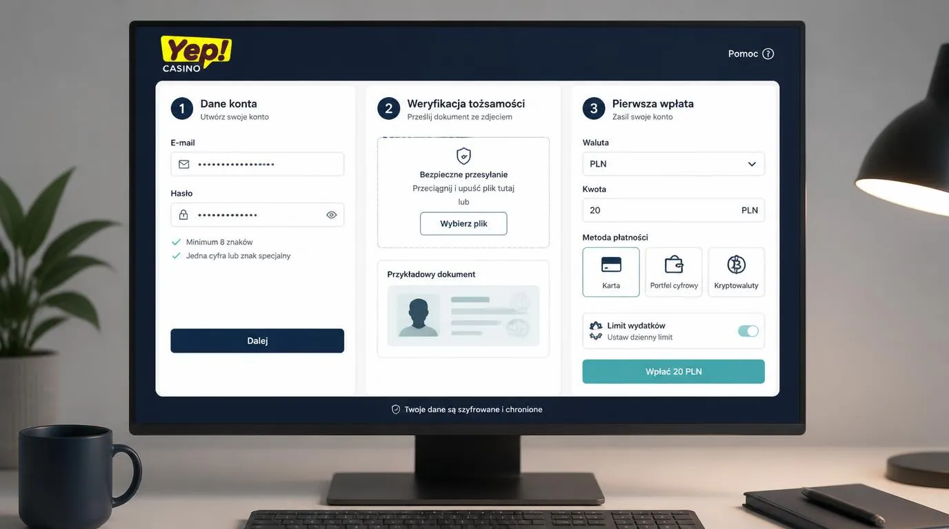 Panel rejestracji konta kasynowego z weryfikacją dokumentu i formularzem pierwszego depozytu w PLN