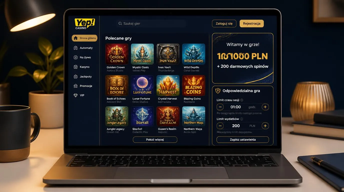 Laptop z katalogiem gier kasynowych, kartą bonusu powitalnego i ustawieniami limitów gry