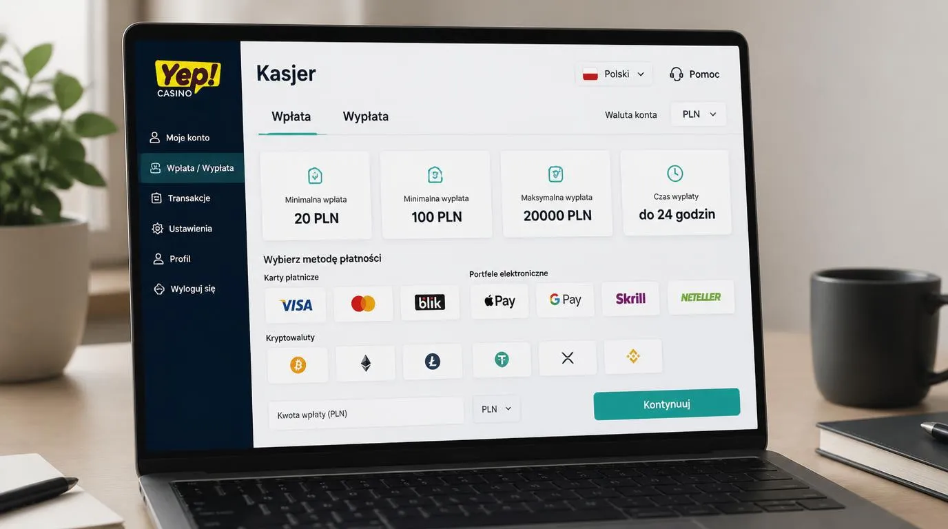 Panel kasy w języku polskim z wyborem PLN, metodami płatności oraz progami wpłat i wypłat